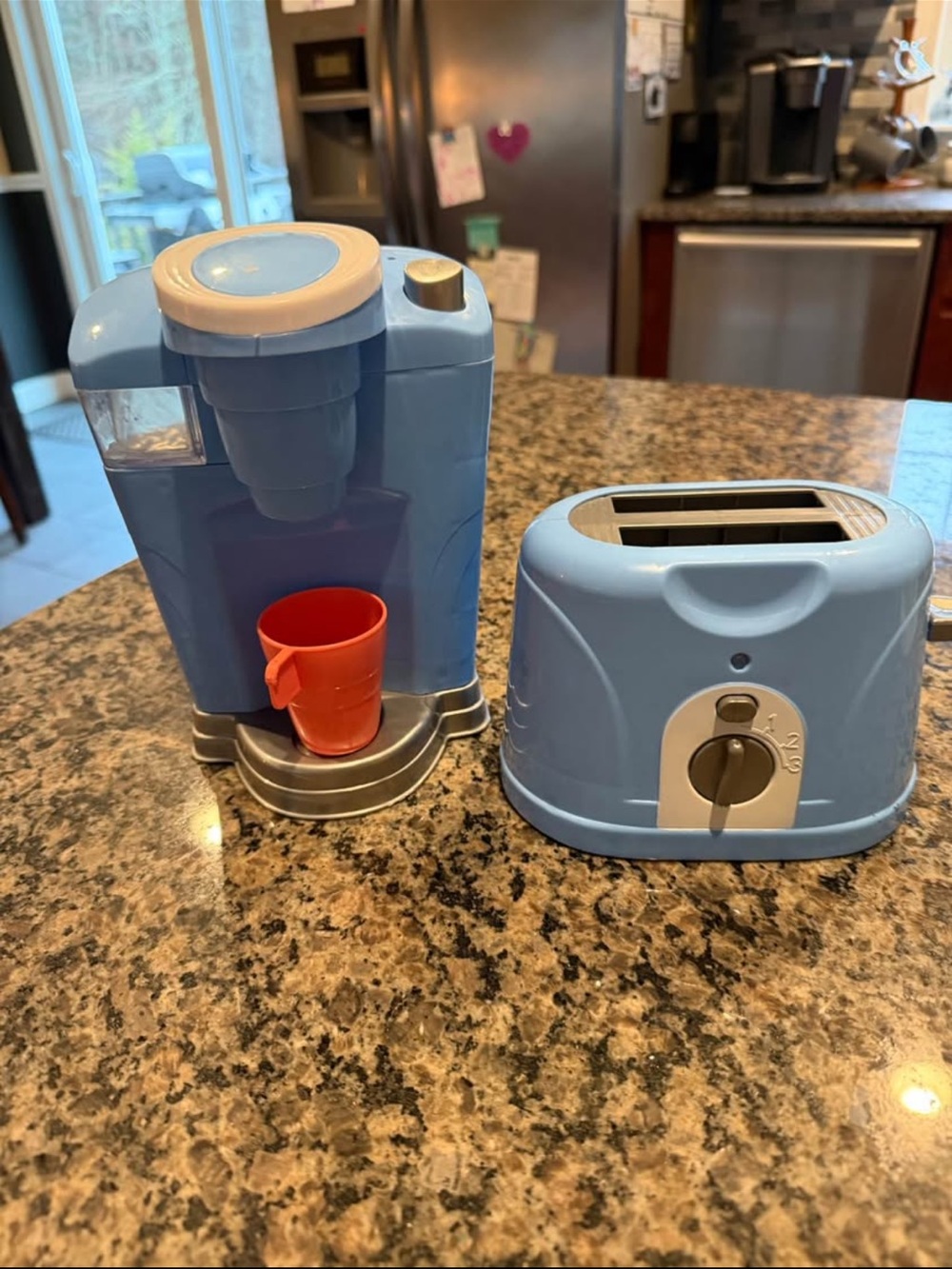 Blue Toy Coffee Maker and Toaster Set with Red Cup
